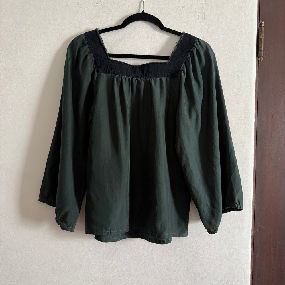 CLOSED | Vintage Hunter Green Silk and Black Denim Peasant Top | Small